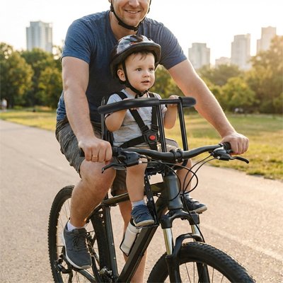 bébé sur porte bébé vélo babysafe avec papa au parc