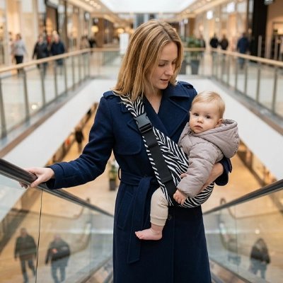 maman avec bébé en porte bebe hanche fort au centre d'achat