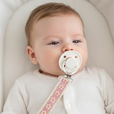 attache tetine clip colorée fixée sur vêtement de bébé