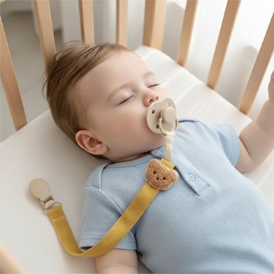 attache tetine ourson babysécur avec bébé endormi 
