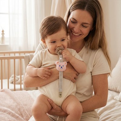 attache tetine ourson fixée sur le vêtement de bébé avec maman