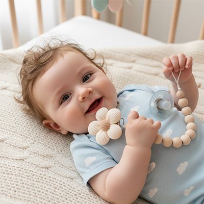 attache tetine perle soft fixée sur vêtement de bébé 