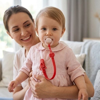 attache tetine silicone light fixée sur le vêtement de bébé avec maman