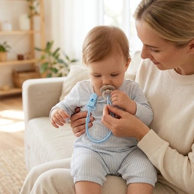 attache tetine silicone light fixée sur vêtement de bébé au salon avec maman 