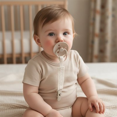 bébé assis sur la couverture porte attache tétine fleur jolie  