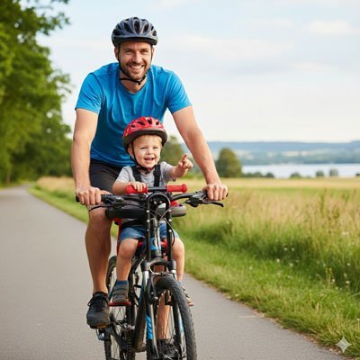 bébé assis sur siege velo enfant sécuri - comfort avec papa au parc