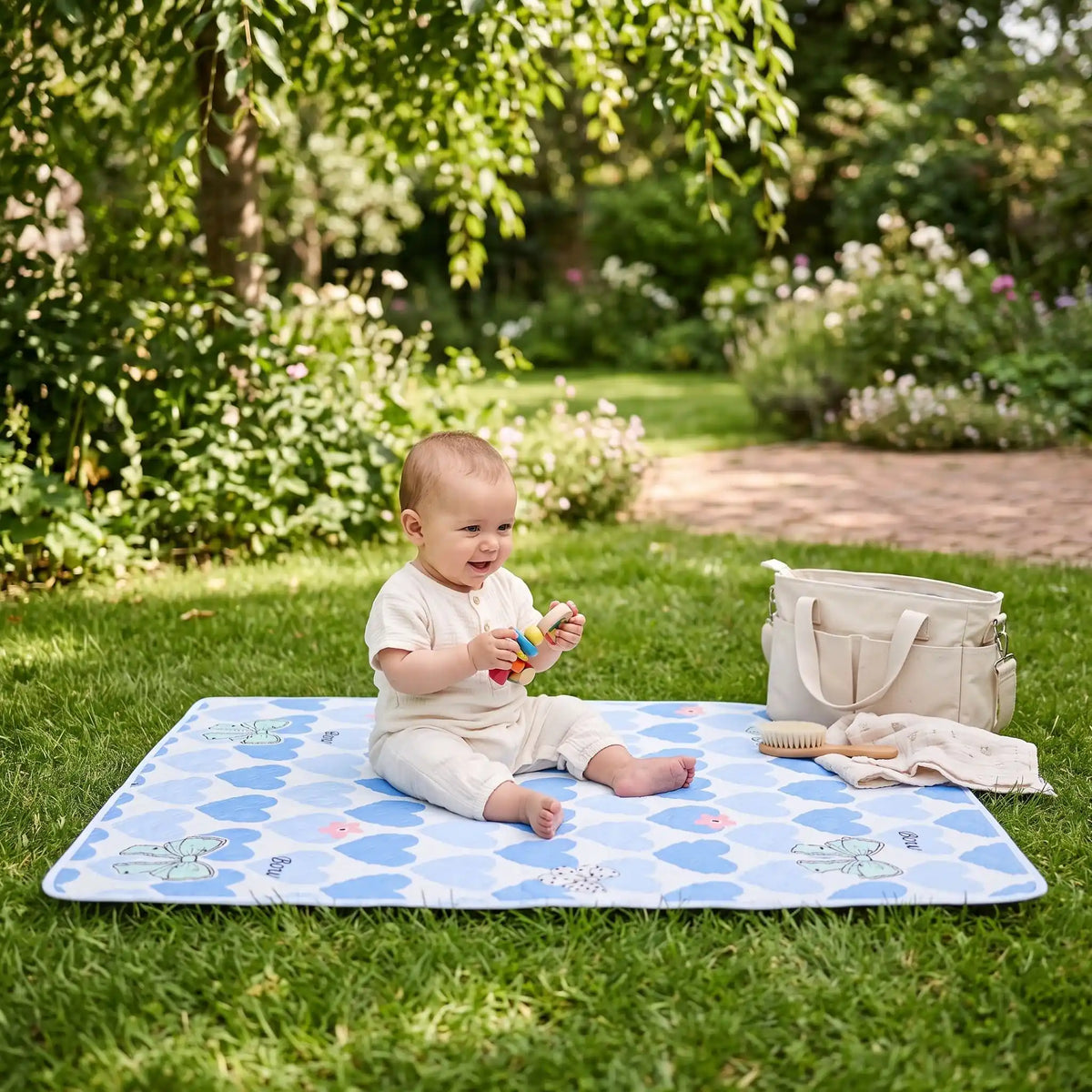bébé sur tapis à langer de voyage butterfly au jardin