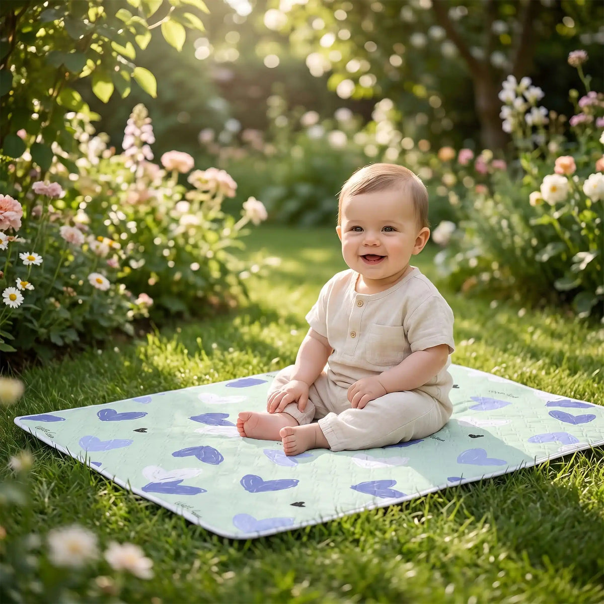bébé assis sur tapis à langer voyage hearts au jardin