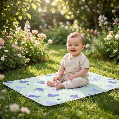 bébé assis sur tapis à langer voyage hearts au jardin