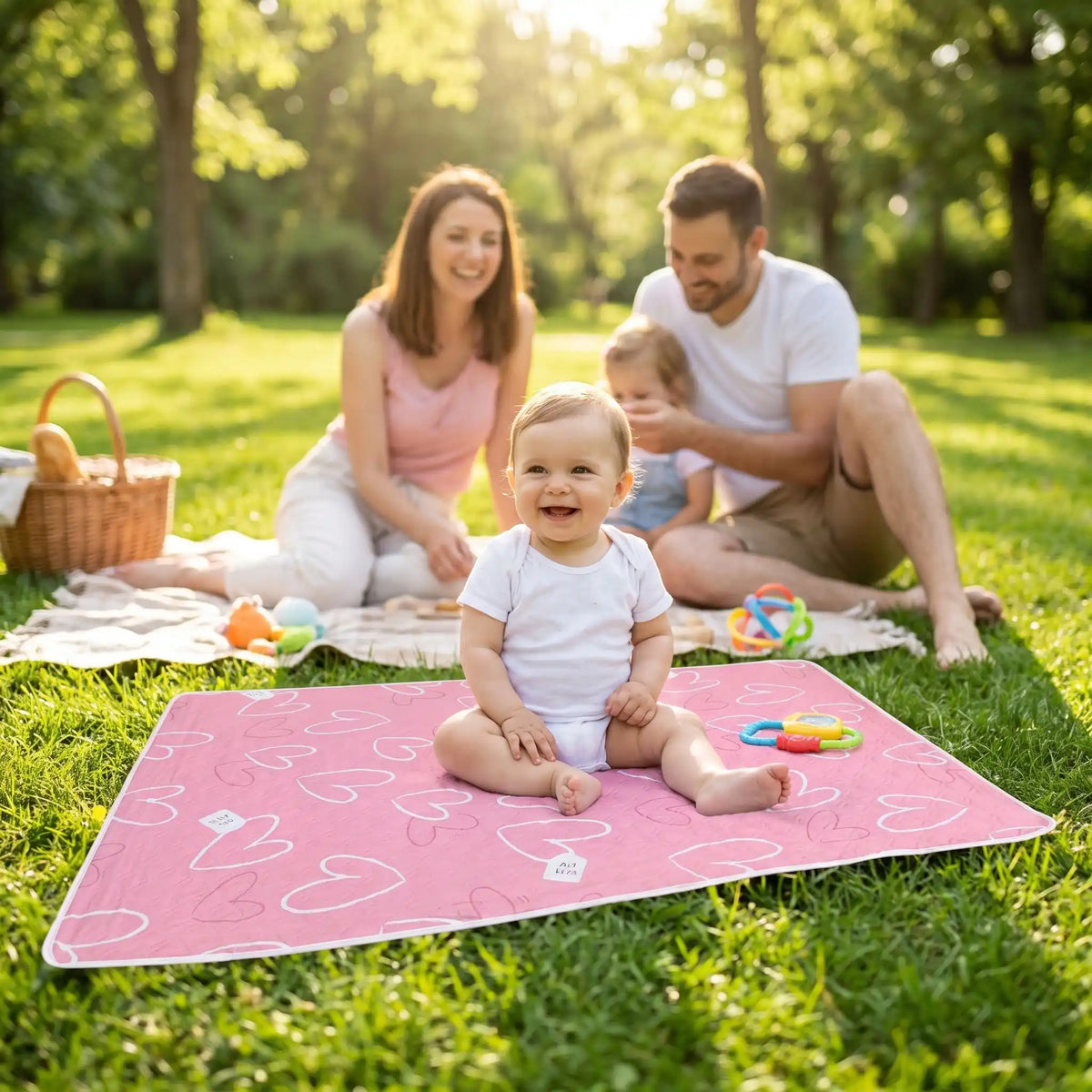 bébé assis sur tapis de change bébé pinklove au parc avec famille