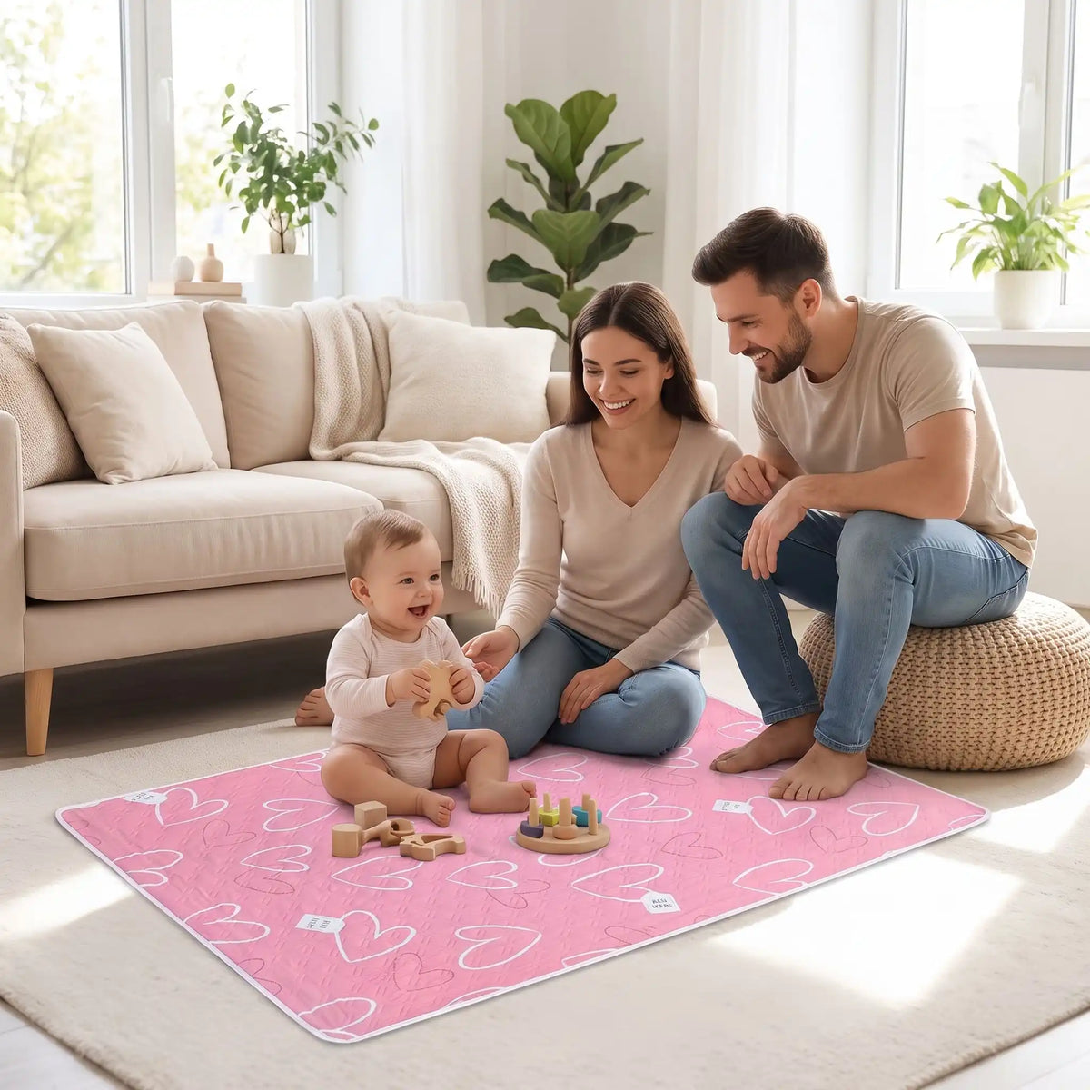 bébé assis sur tapis de change bébé pinklove au salon avec famille