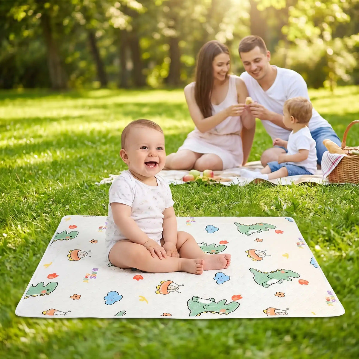 bébé assis sur tapis de change nomade paradise au parc avec famille