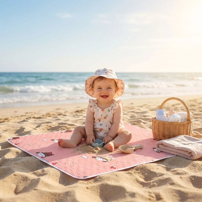 bebe assis sur tapis de change nomade pinkgirl sur plage