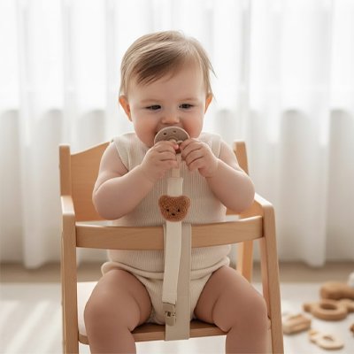 bébé assis sur une chaise avec attache tetine ouson babysécur