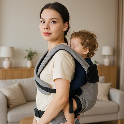 bébé au dos dans porte bébé physio ergonomique avec maman