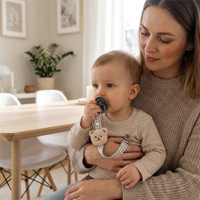 bébé avec attache tetine ourson délicat  
