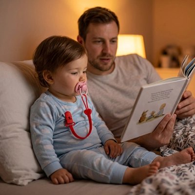 bébé avec attache tetine silicone light avec papa