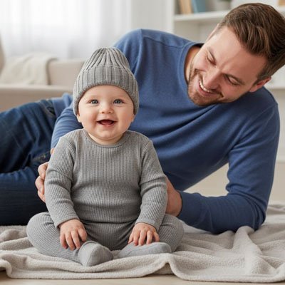 bébé avec bonnet bebe garcon douceur chaud avec papa