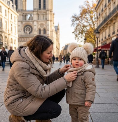 bébé avec bonnet bebe ultra-doux en ville avec maman