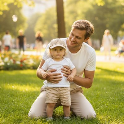 bébé avec casquette bebe 2 ans bouclier avec papa au parc 