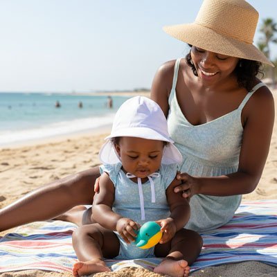 bébé avec casquette pour bébé soft sur la plage avec maman 