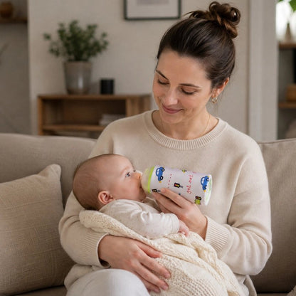 bébé avec chauffe biberon light dinosaure avec maman