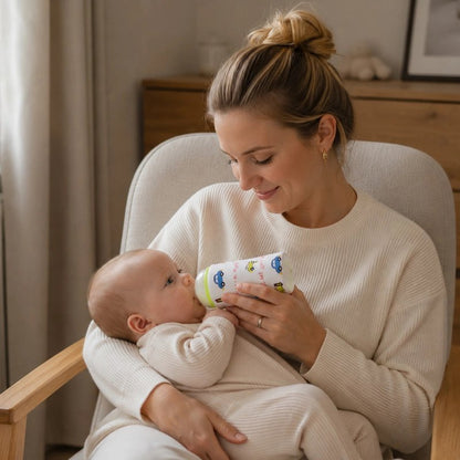 bébé boit du biberon dans chauffe biberon nomade light avec maman 