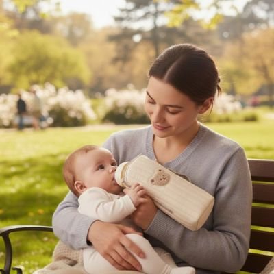 bébé boit du biberon dans chauffe-biberon sans fil isotherme avec maman