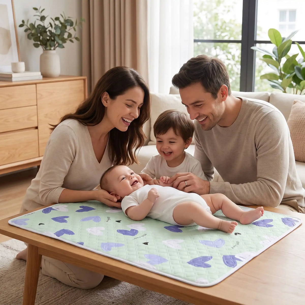 bébé couche sur tapis à langer voyage hearts au salon avec famille