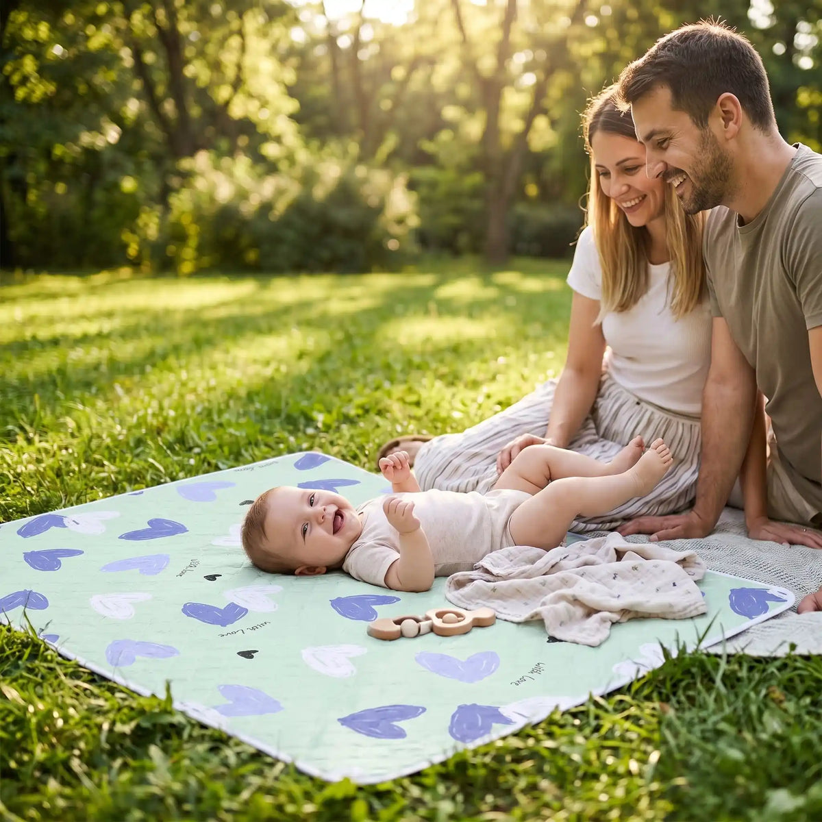 bébé couche sur tapis à langer voyage hearts avec famille