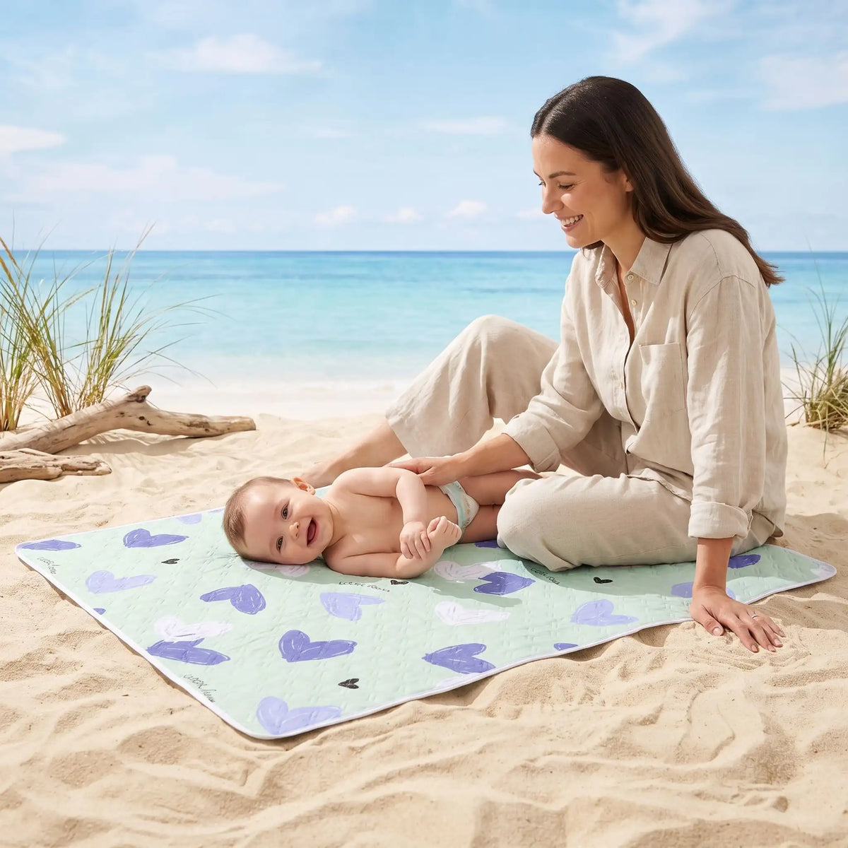 bébé couche sur tapis à langer voyage hearts sur plage avec maman