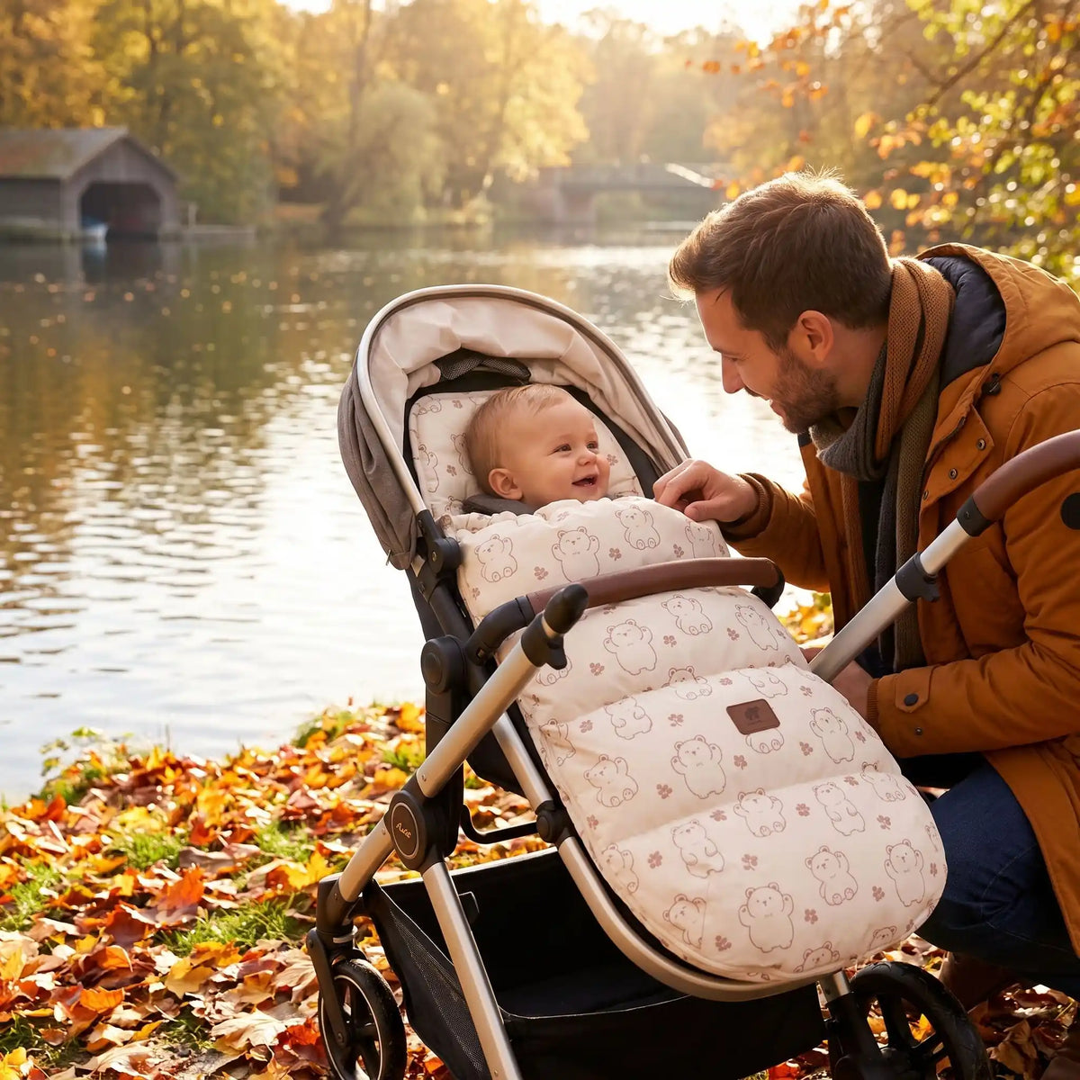 bebe dans chanceliere chaude ardent au bord d'eau avec papa