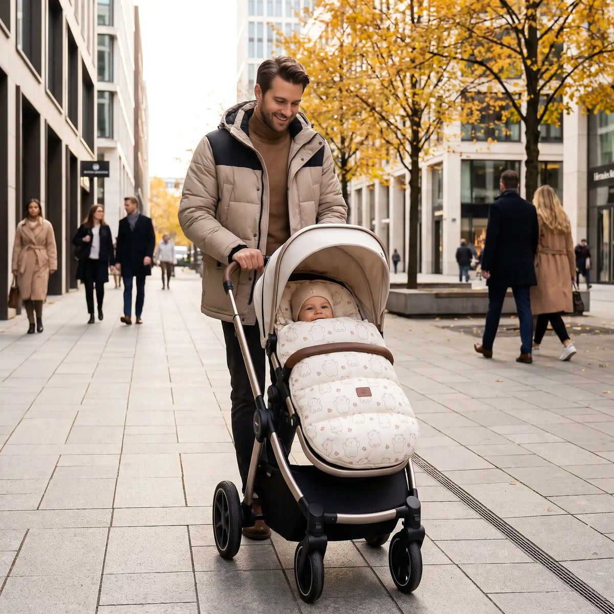 bebe dans chanceliere chaude ardent en ville avec papa