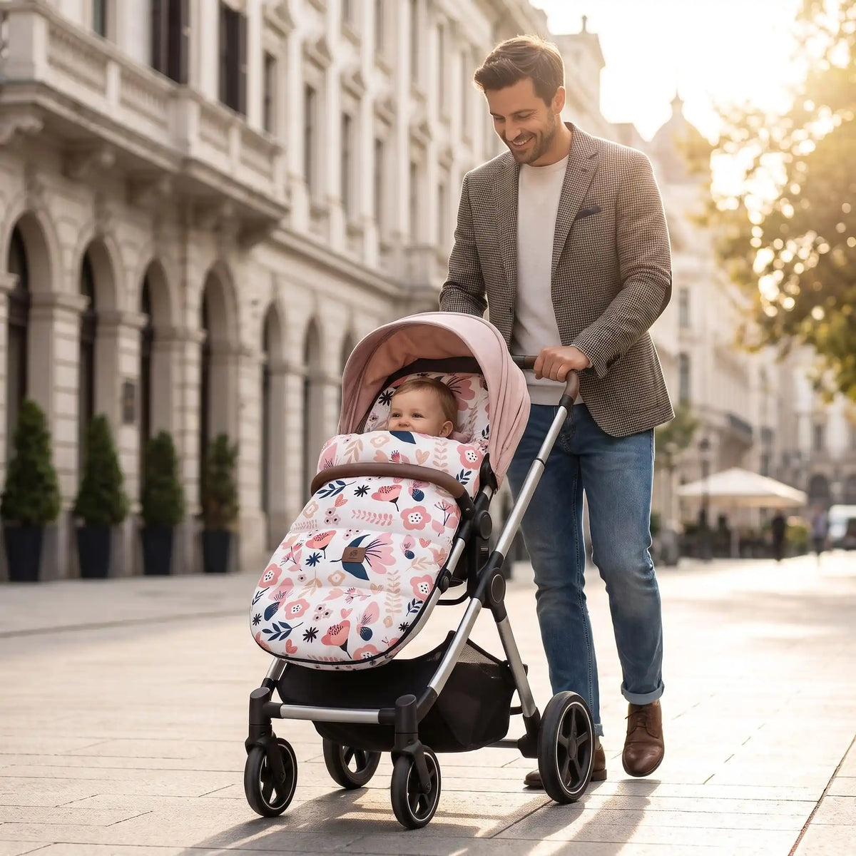 bébé dans chanceliere chaude babyunivers en ville avec papa