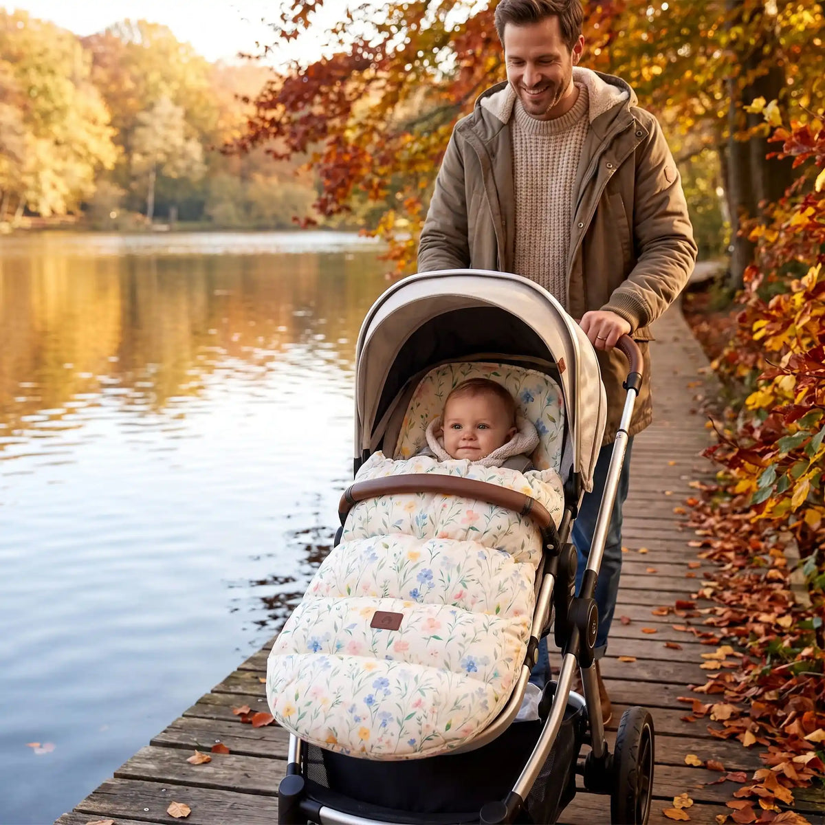 bébé dans chanceliere chaude cosy universelle au bord d'eau avec papa