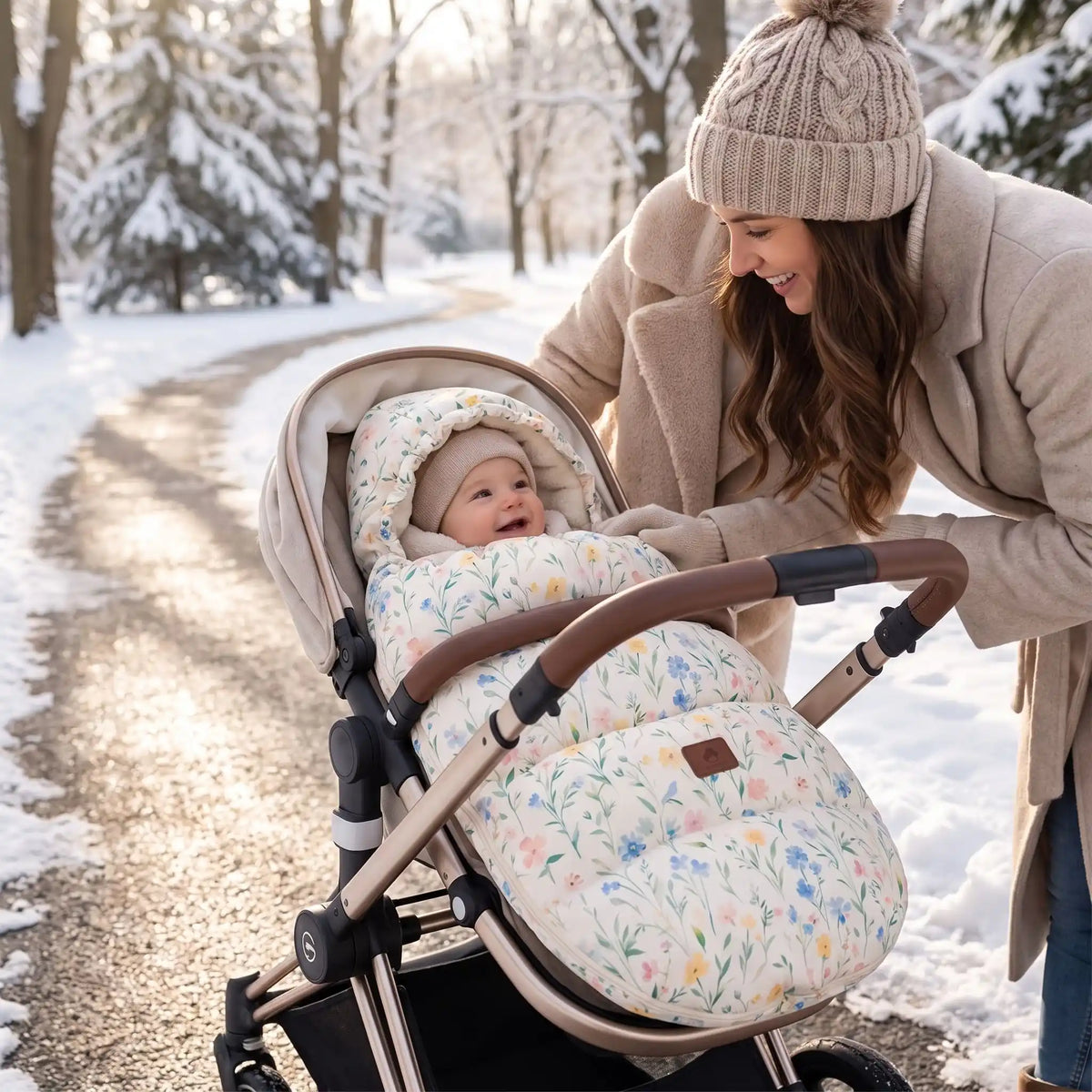 bébé dans chanceliere chaude cosy universelle avec maman au parc