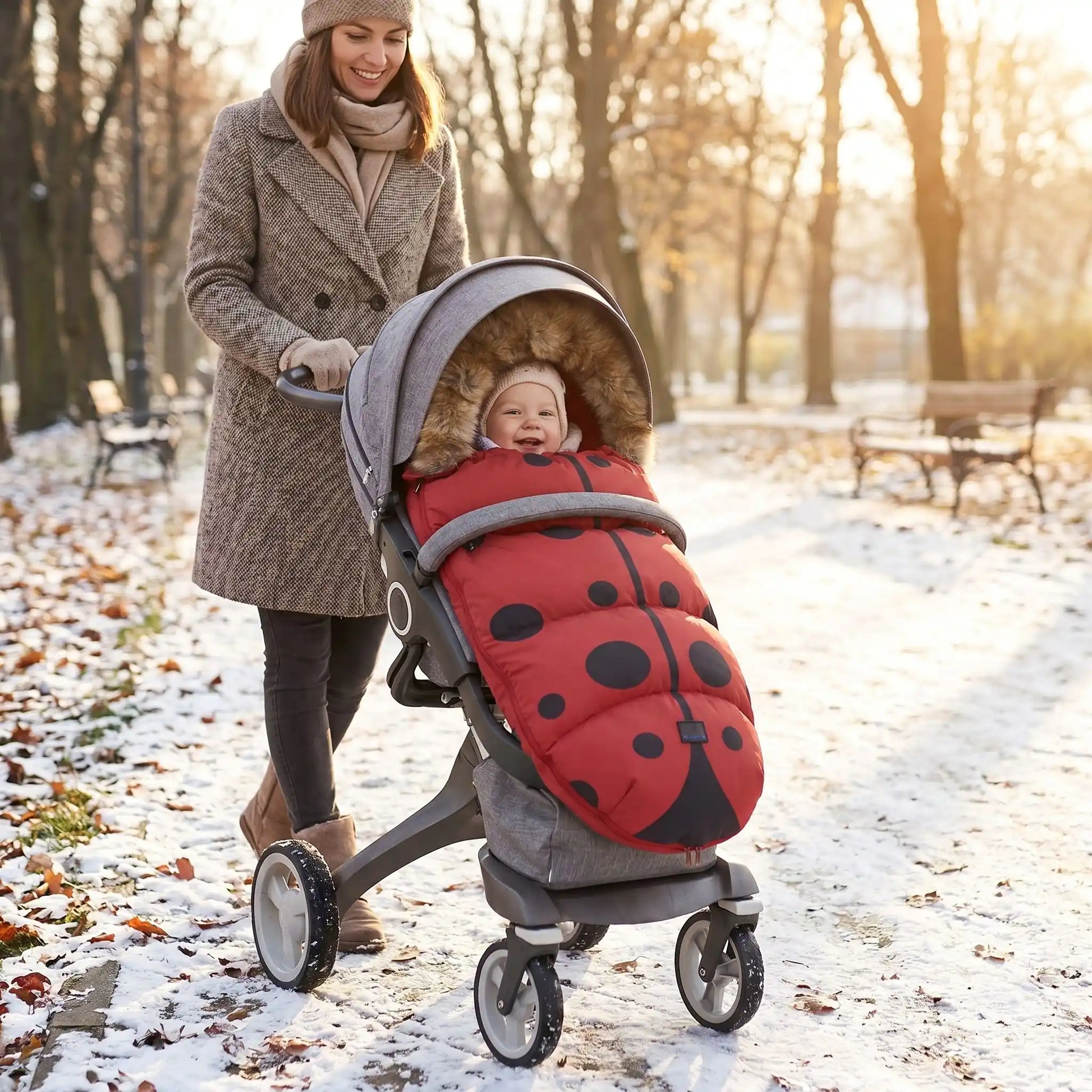 bébé dans chanceliere chaude hiver coccinelle avec maman au parc