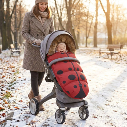 bébé dans chanceliere chaude hiver coccinelle avec maman au parc
