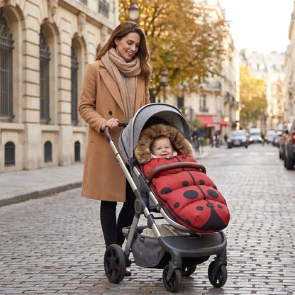bébé dans chanceliere chaude hiver coccinelle avec maman en ville