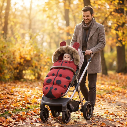 bébé dans chanceliere chaude hiver coccinelle avec papa au parc