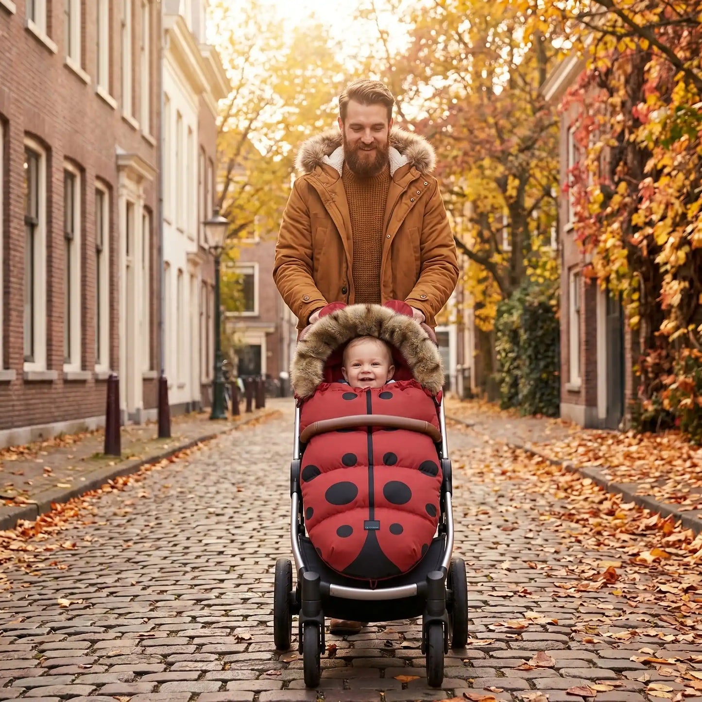 bébé dans chanceliere chaude hiver coccinelle avec papa en ville