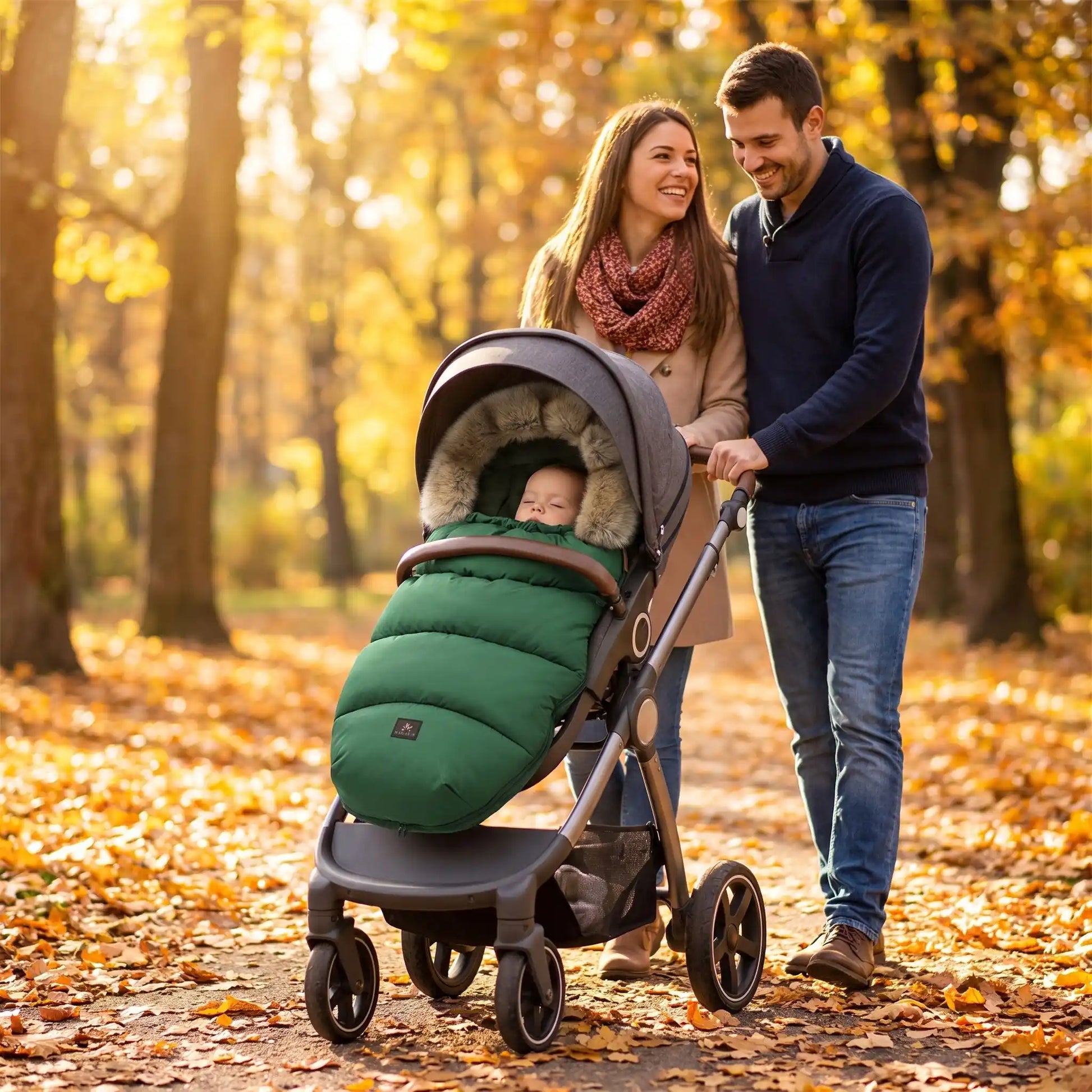 bébé dans chanceliere cosy douxhiver au parc avec sa famille