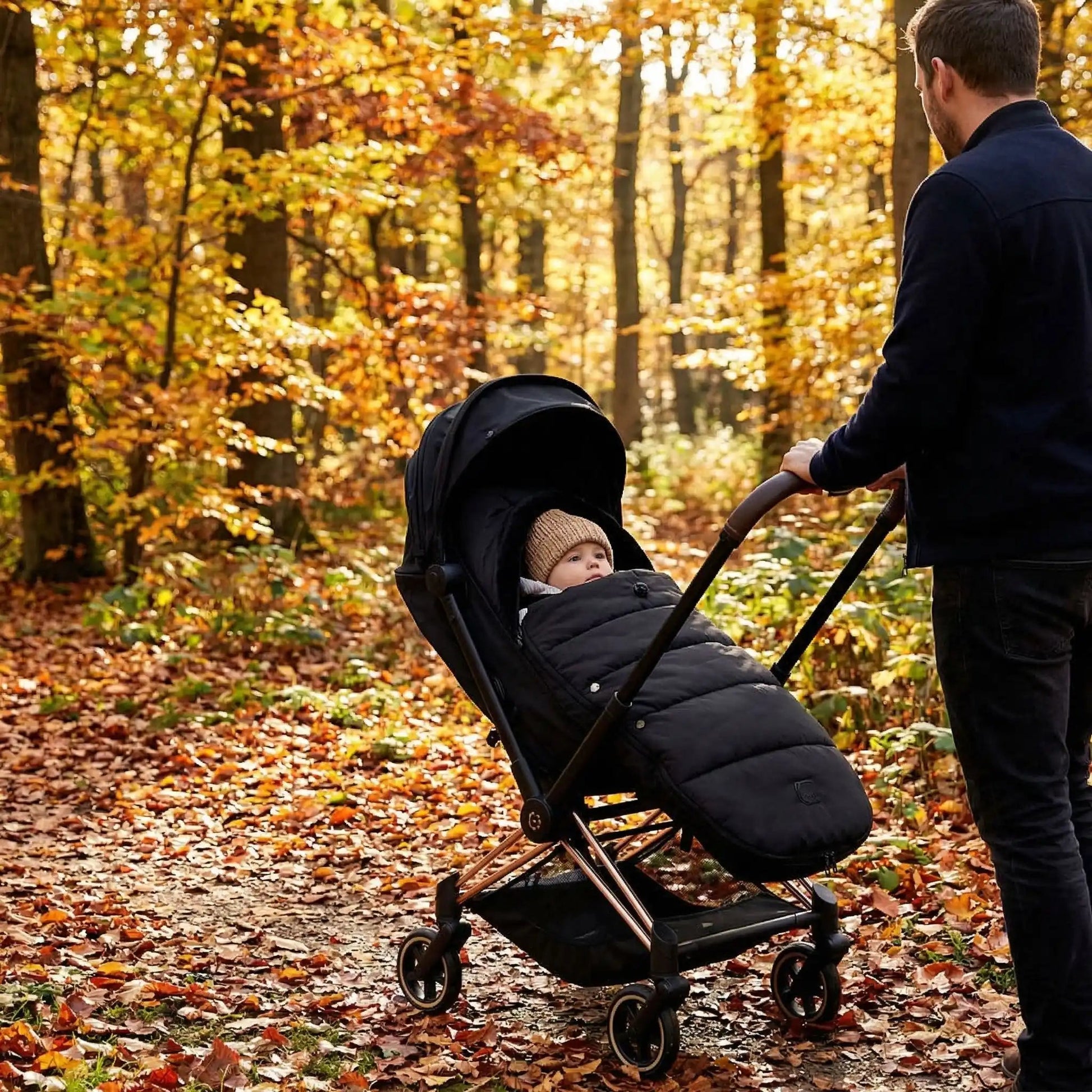 bébé dans chanceliere cosy hiver velours confort avec papa dans les bois