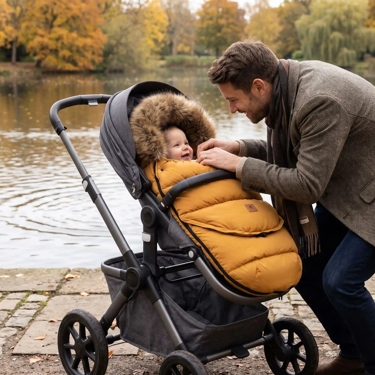 bébé dans chanceliere cosy poussette thermowarm au bord d'eau avec papa