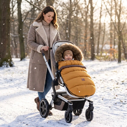 bebe dans chanceliere cosy poussette thermowarm au parc avec maman