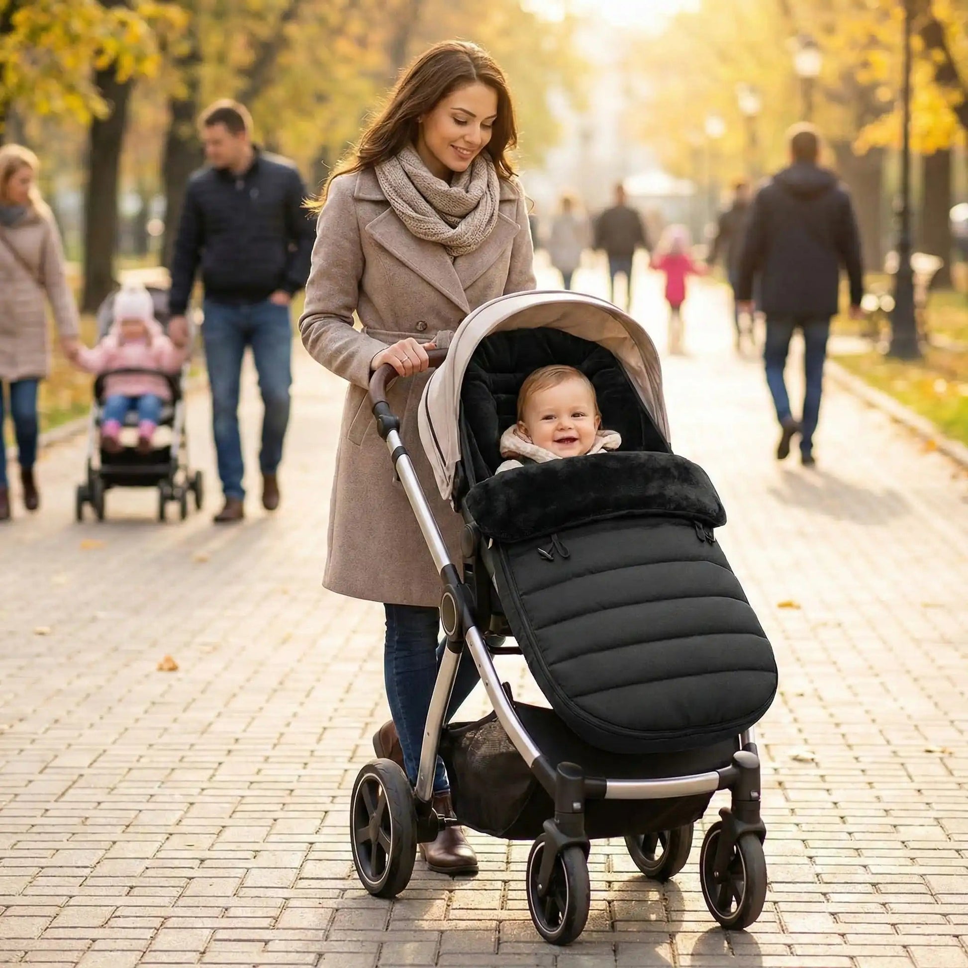 bébé dans chanceliere cosy winter protection avec maman au parc