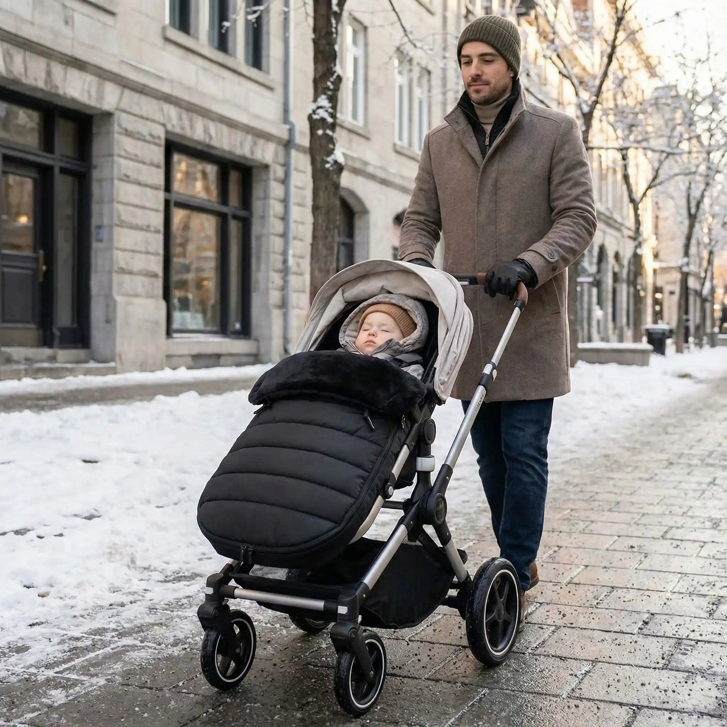 bébé dans chanceliere cosy winter protection avec papa en ville