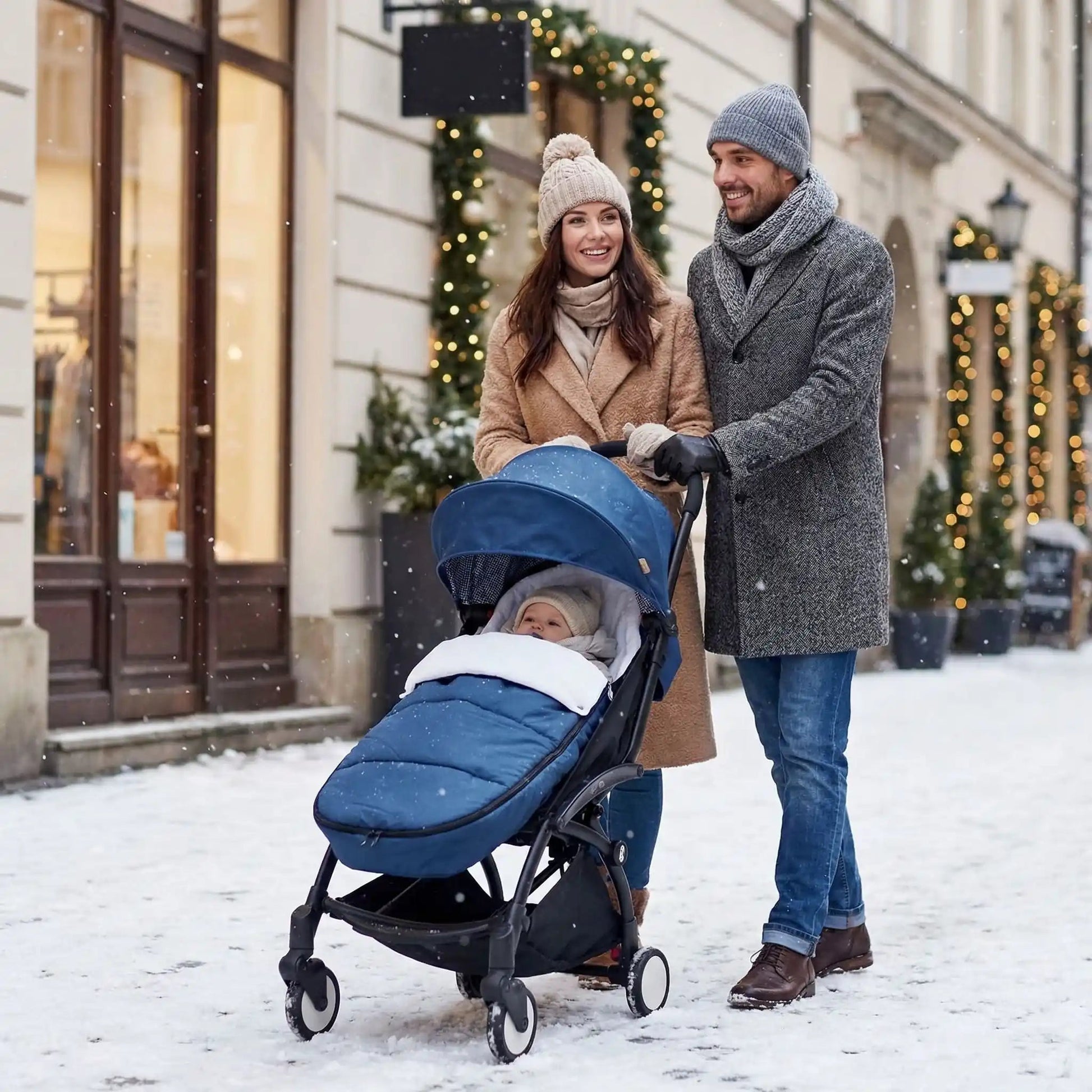 bébé dans chanceliere hiver bebe double épaisseur avec papa et maman en ville