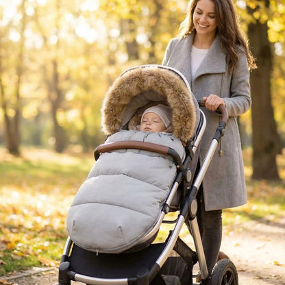 bébé dans chanceliere hiver durable avec maman au bois