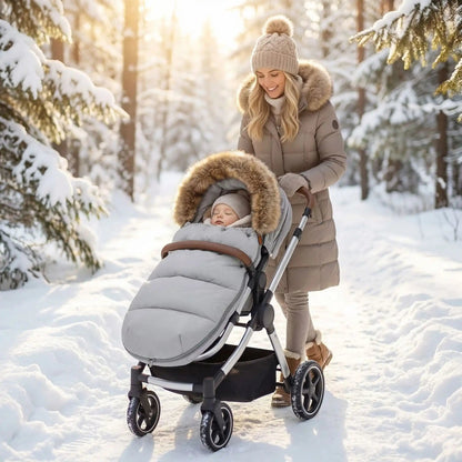 bébé dans chanceliere hiver durable avec maman au parc